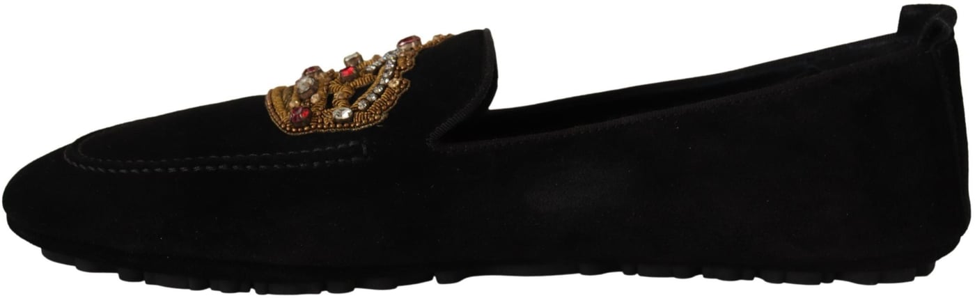 Dolce & Gabbana Black Leather Crystal Gold Crown Loafers Shoes