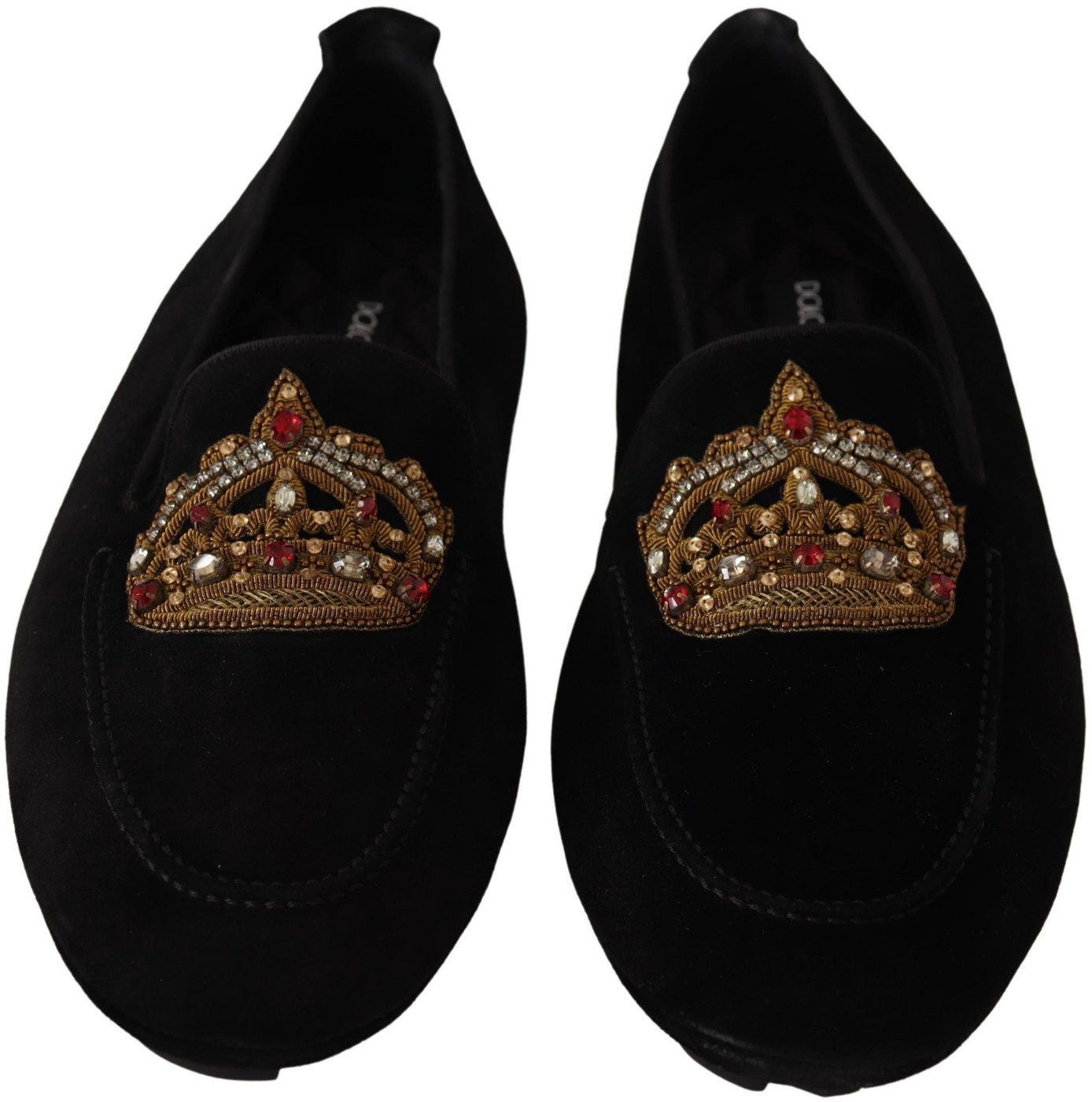 Dolce & Gabbana Black Leather Crystal Gold Crown Loafers Shoes