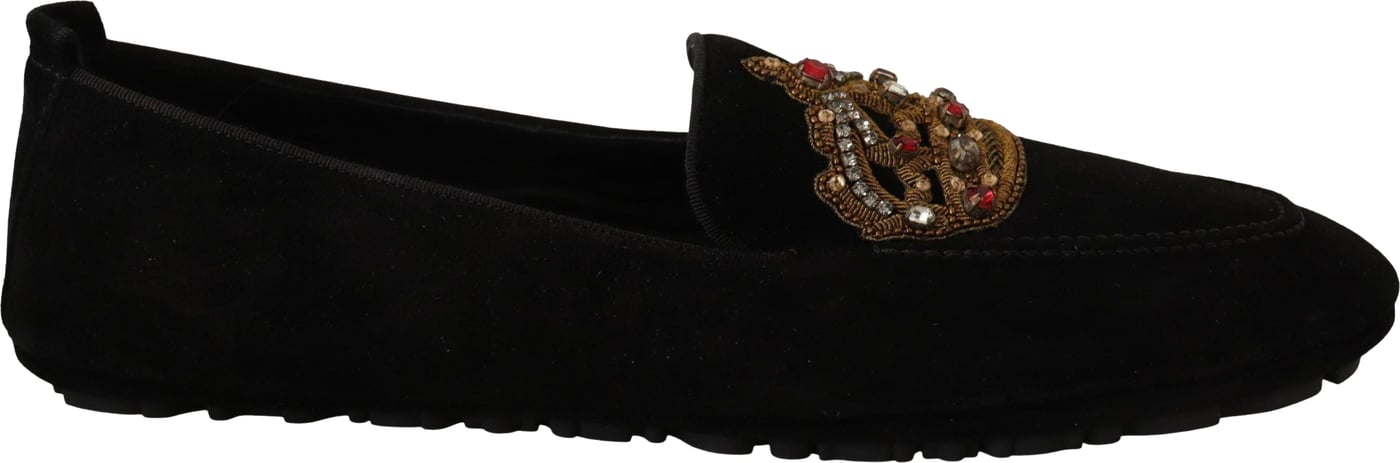 Dolce & Gabbana Black Leather Crystal Gold Crown Loafers Shoes