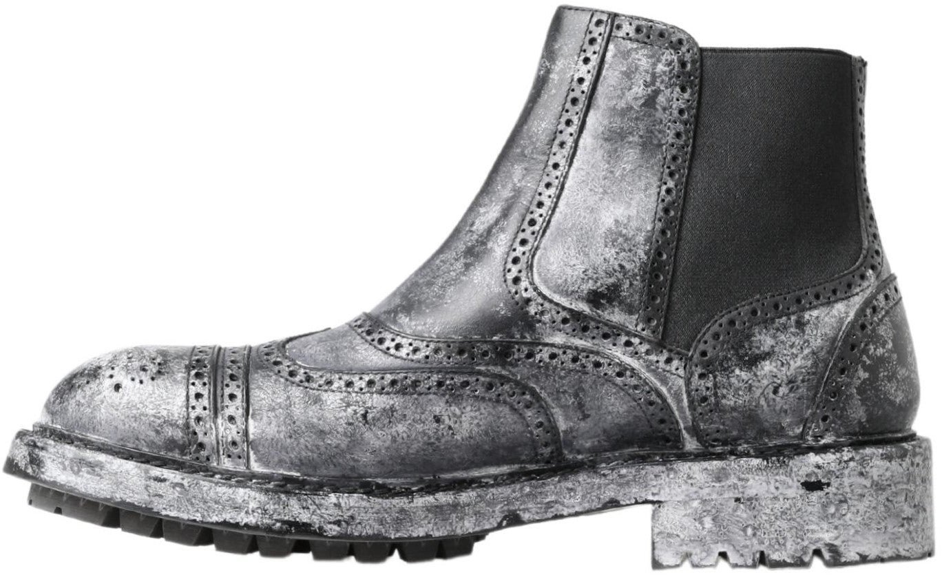 Dolce & Gabbana Black Gray Leather Ankle Boots