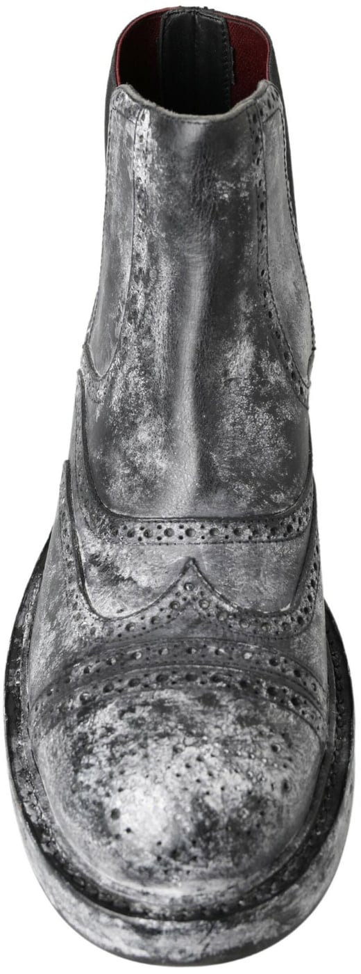Dolce & Gabbana Black Gray Leather Ankle Boots