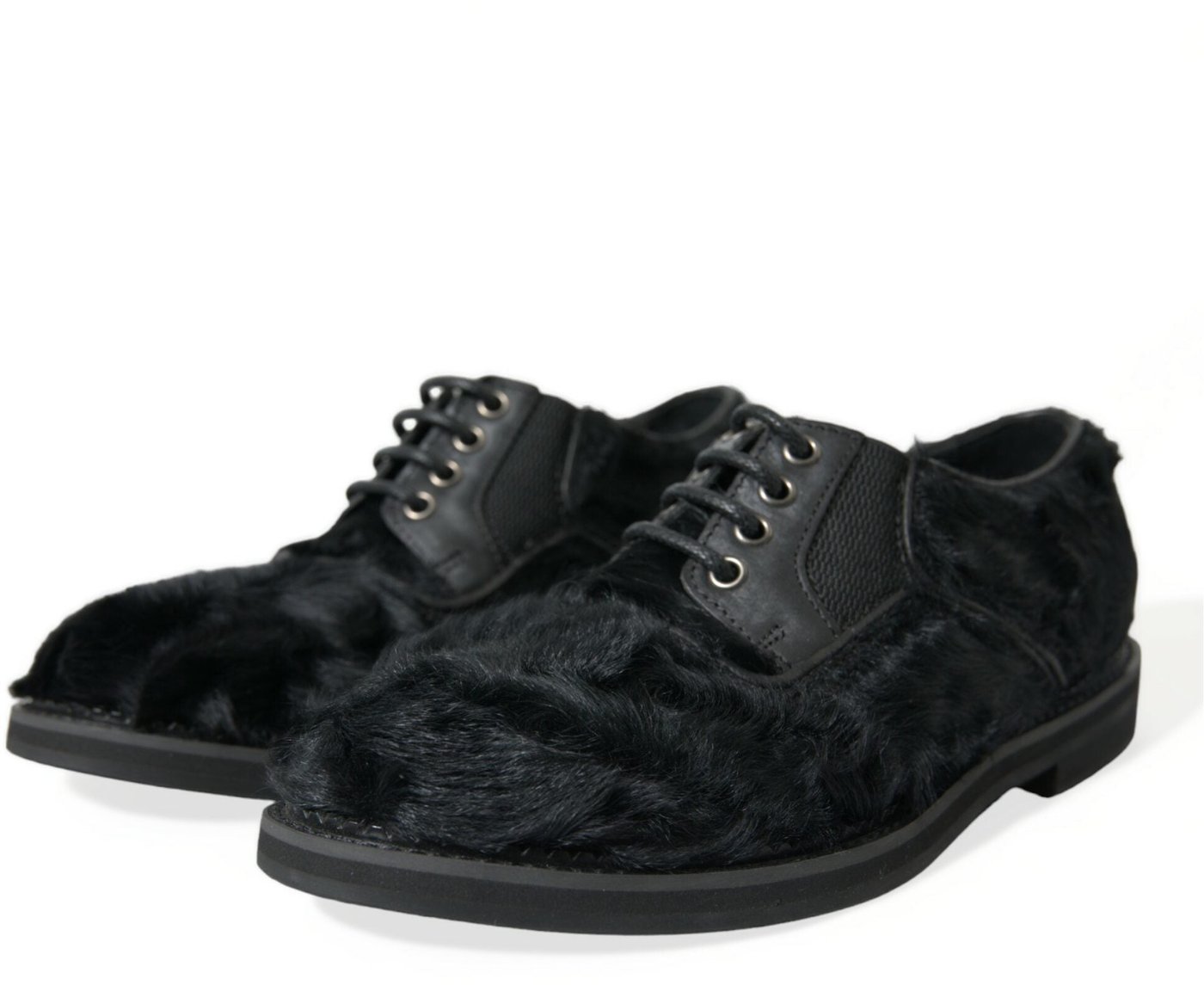 Dolce & Gabbana Black Fur Leather Lace Up Derby Dress Shoes