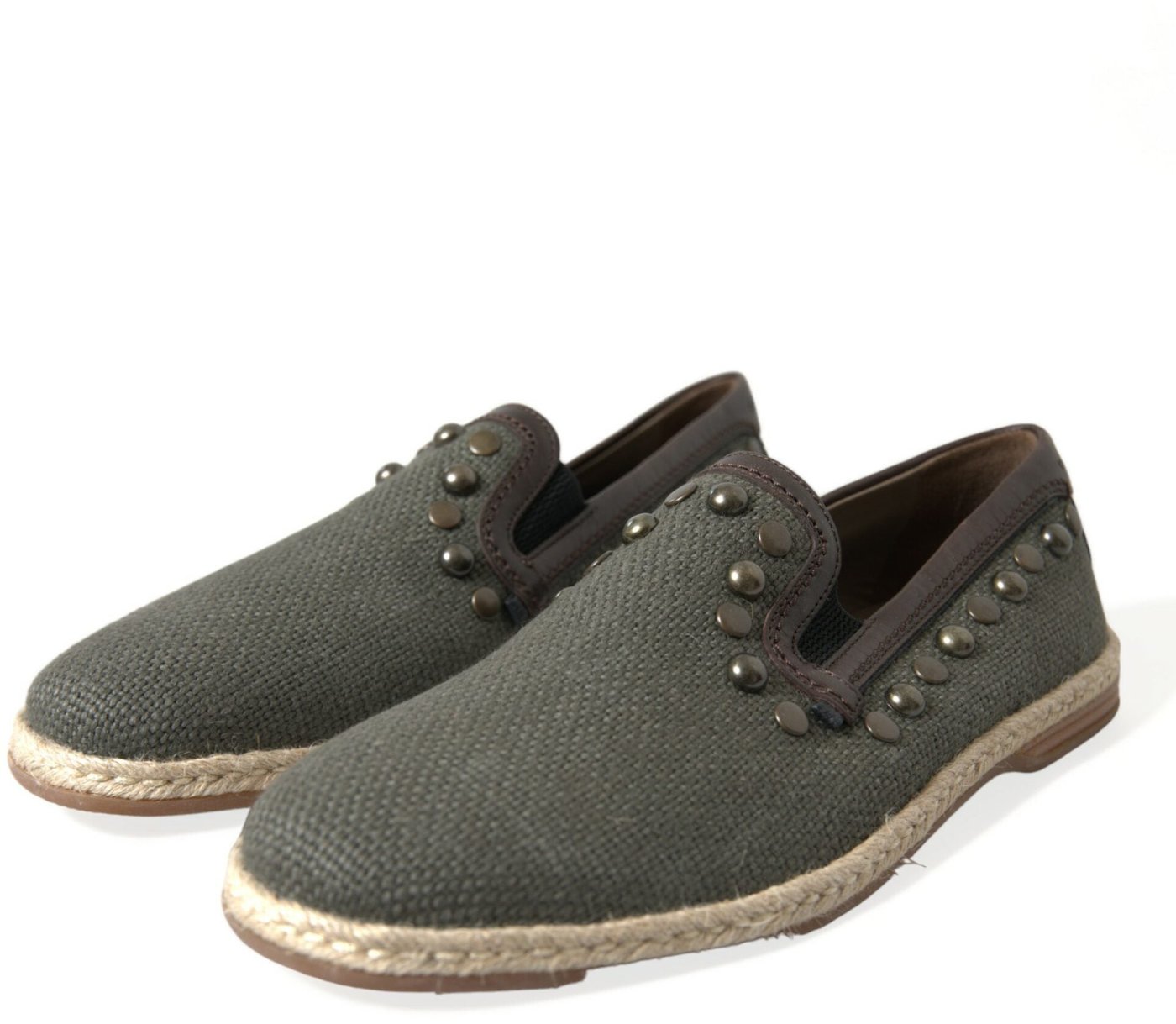 Dolce & Gabbana Gray Linen Leather Studded Loafers Shoes
