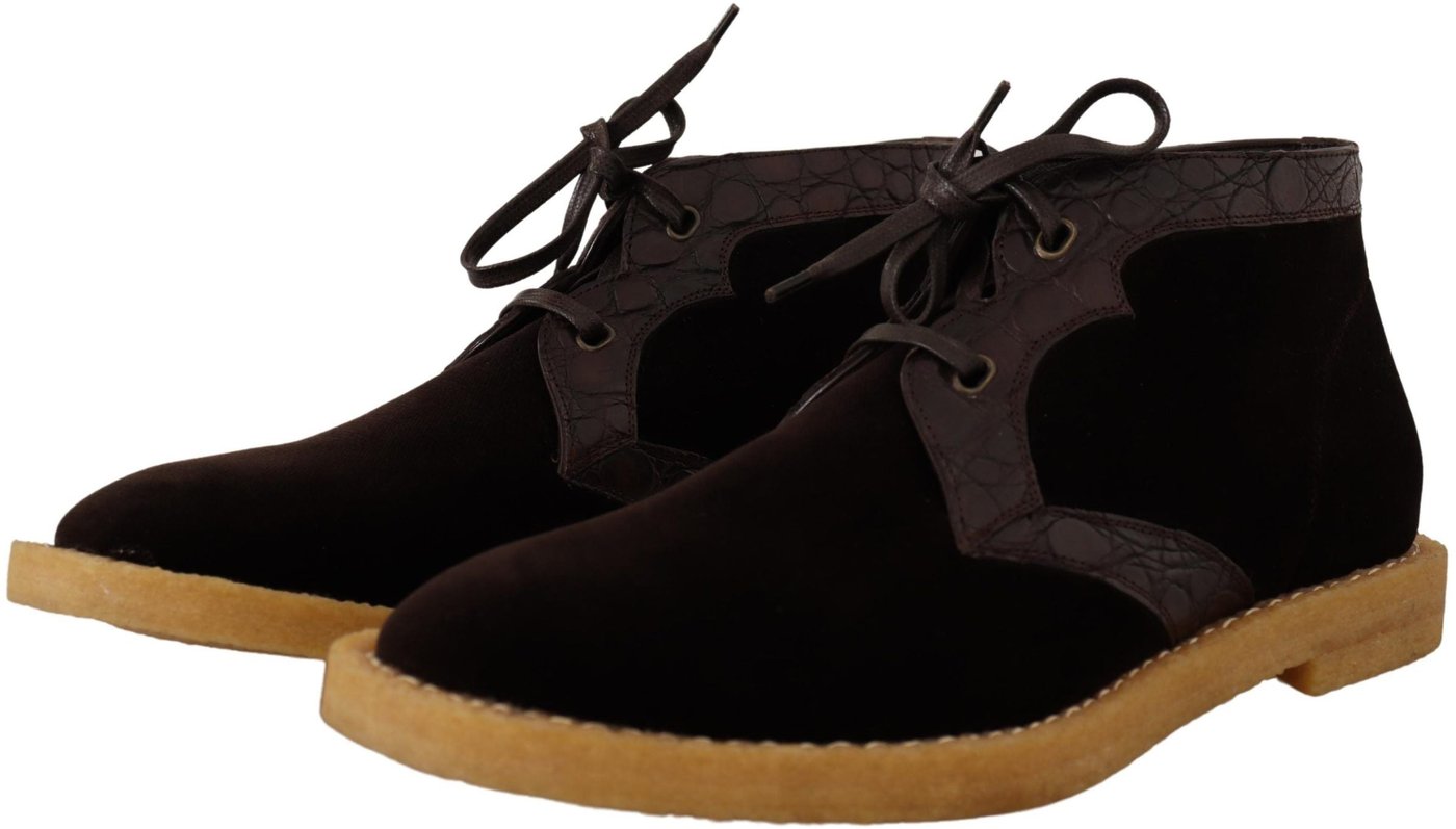 Dolce & Gabbana Brown Velvet Exotic Leather Boots