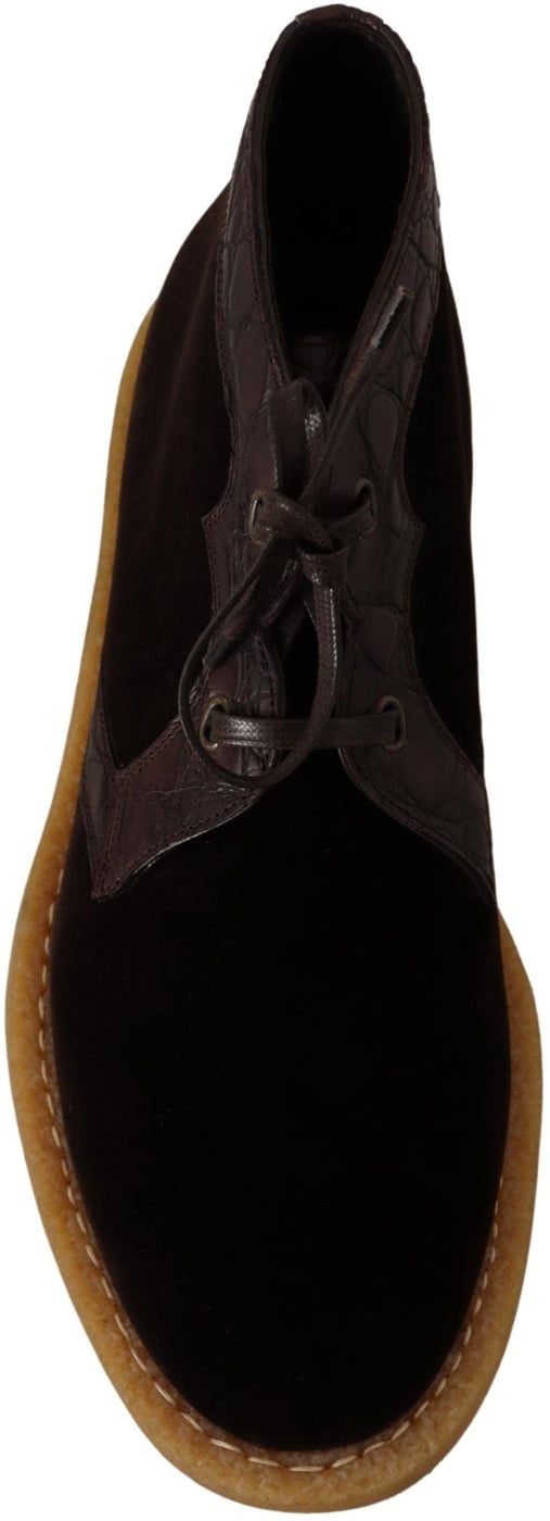 Dolce & Gabbana Brown Velvet Exotic Leather Boots