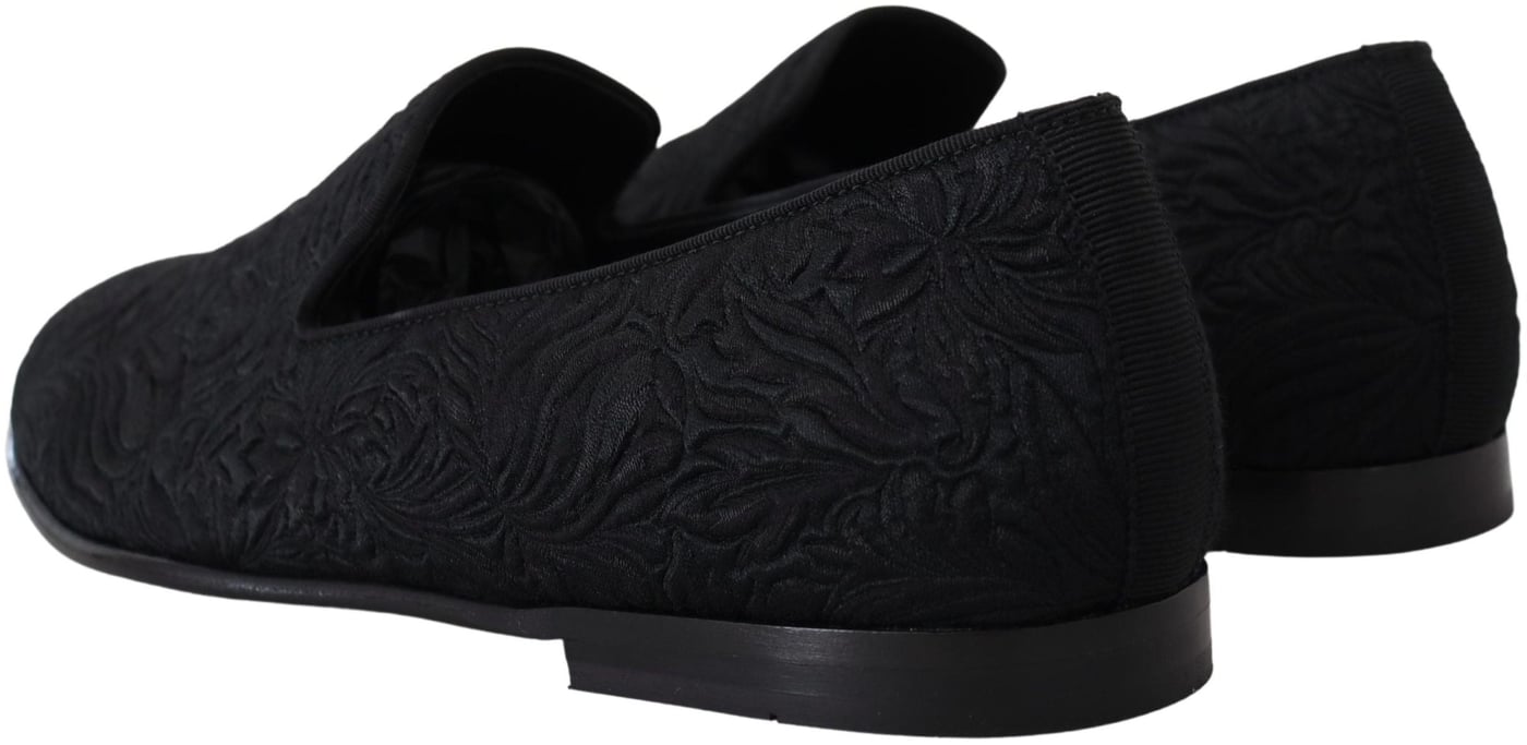 Dolce & Gabbana Black Floral Jacquard Slippers Loafers Shoes
