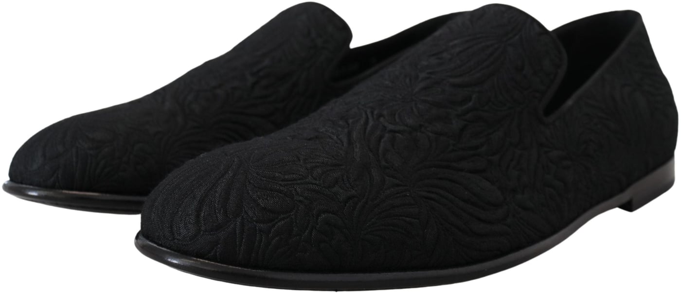 Dolce & Gabbana Black Floral Jacquard Slippers Loafers Shoes