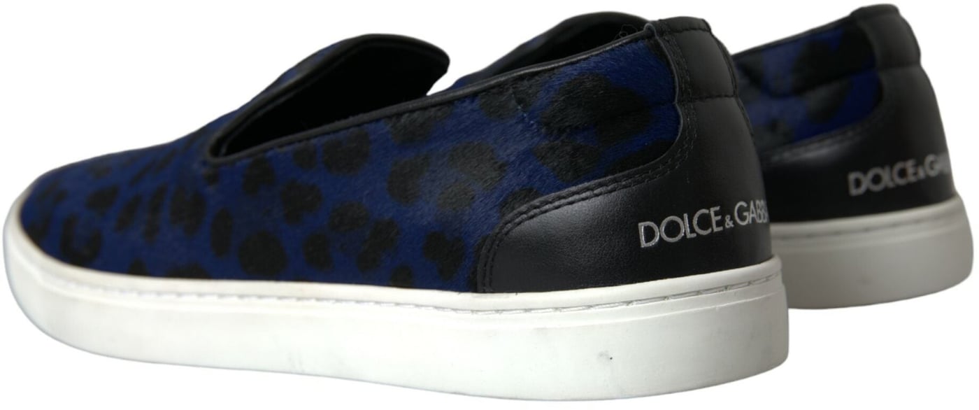 Dolce & Gabbana Blue Calfskin Hair Leopard Sneakers Shoes