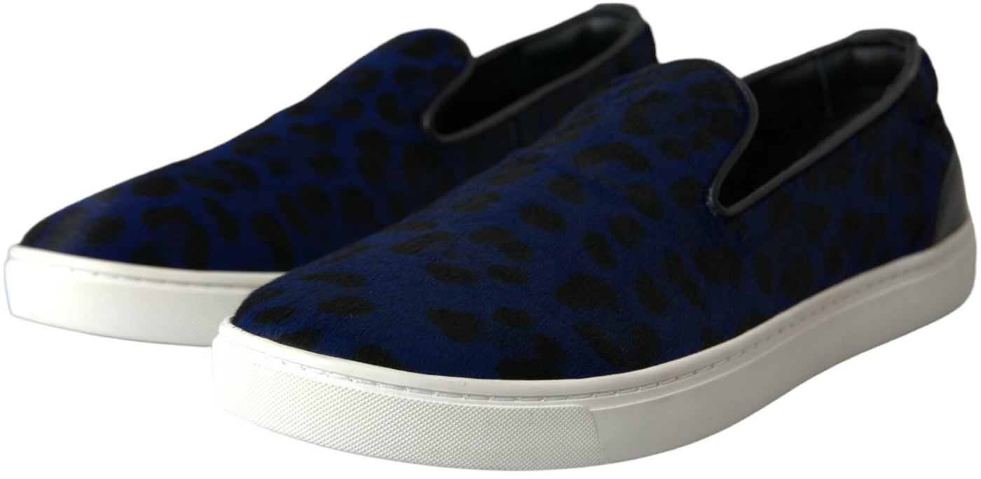 Dolce & Gabbana Blue Calfskin Hair Leopard Sneakers Shoes