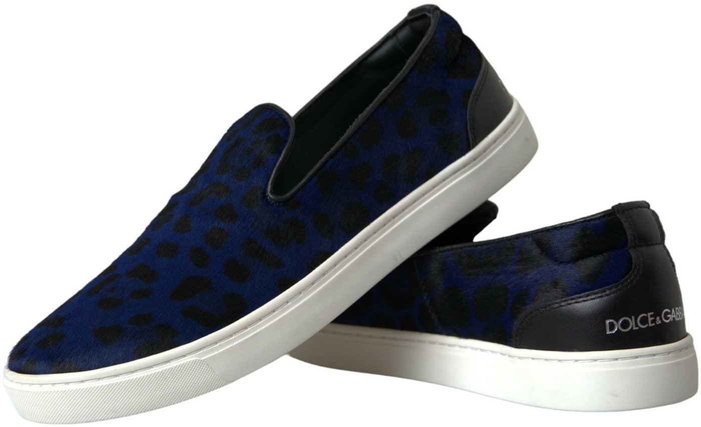 Dolce & Gabbana Blue Calfskin Hair Leopard Sneakers Shoes