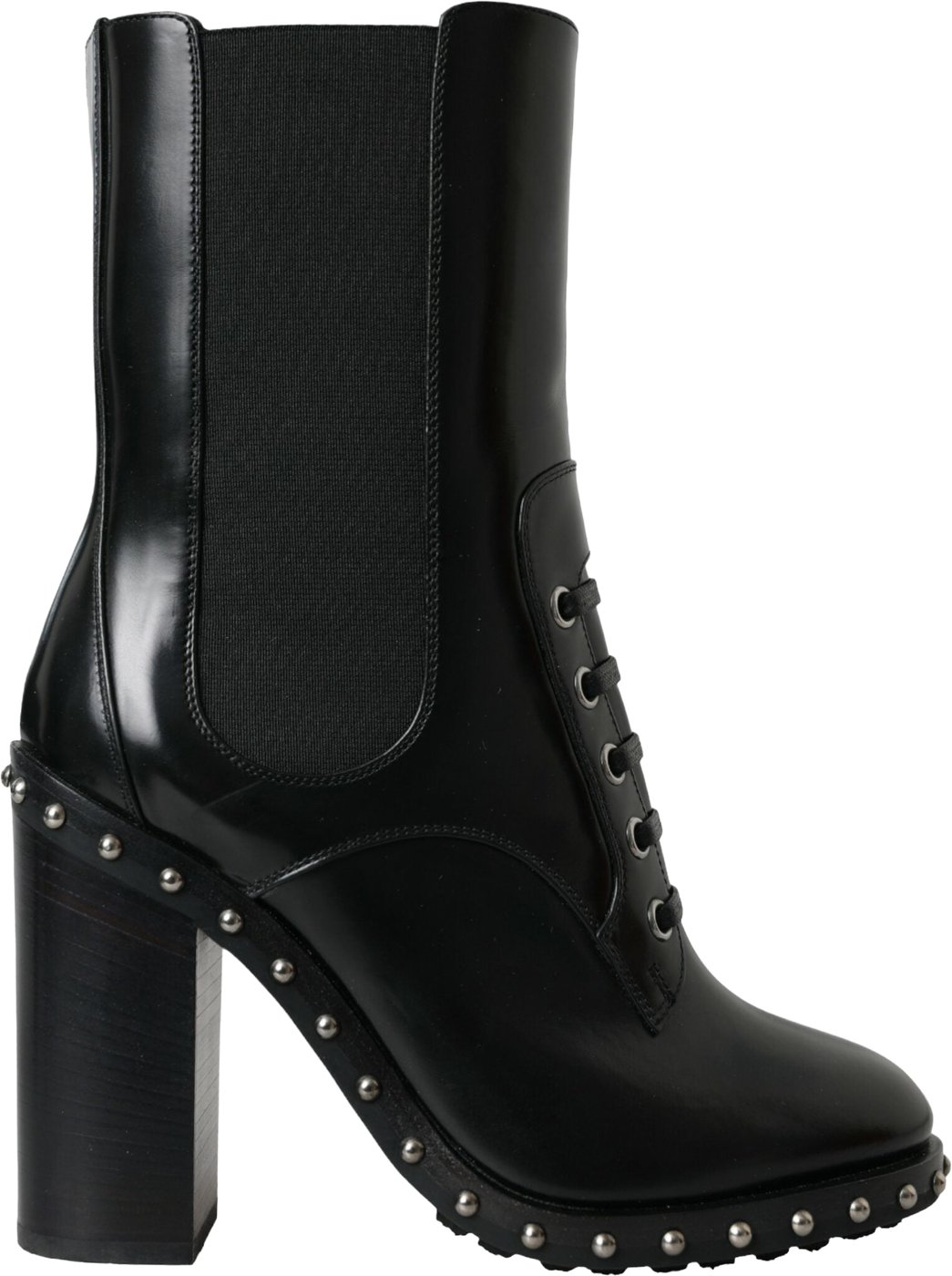 Dolce & Gabbana Black Leather Studded Lace Up Boots Shoes