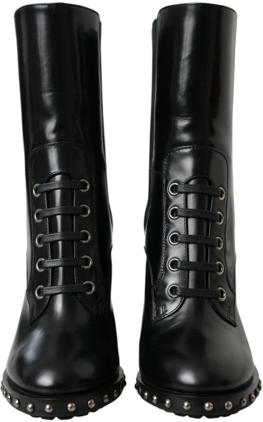 Dolce & Gabbana Black Leather Studded Lace Up Boots Shoes