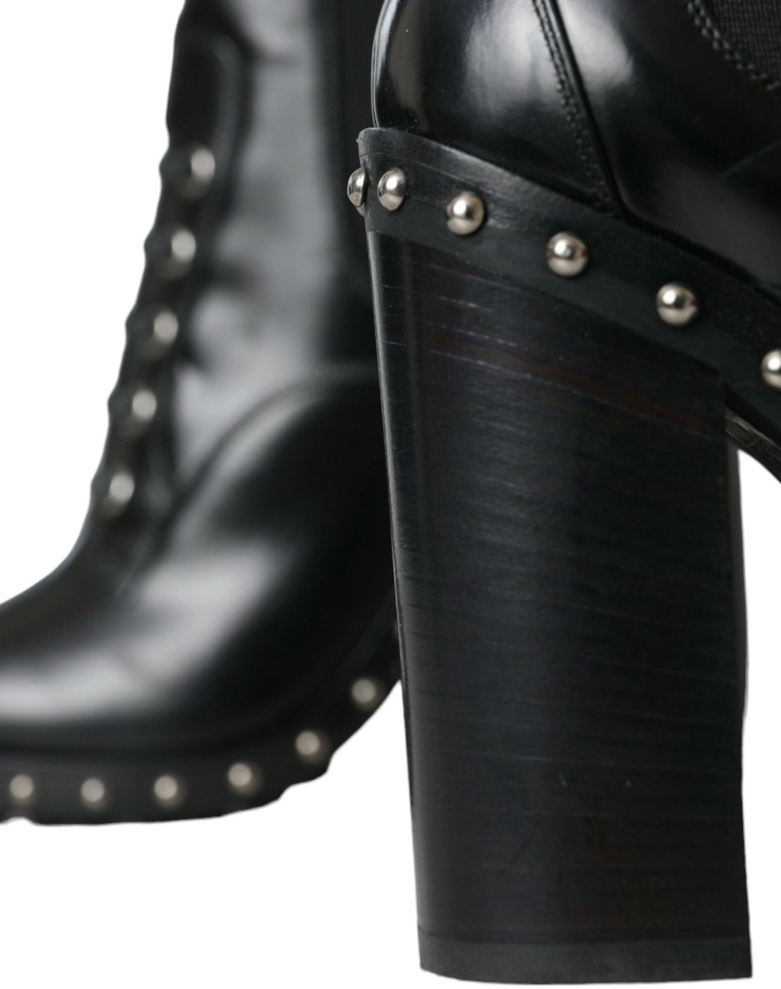 Dolce & Gabbana Black Leather Studded Lace Up Boots Shoes