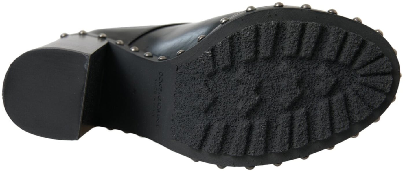 Dolce & Gabbana Black Leather Studded Lace Up Boots Shoes