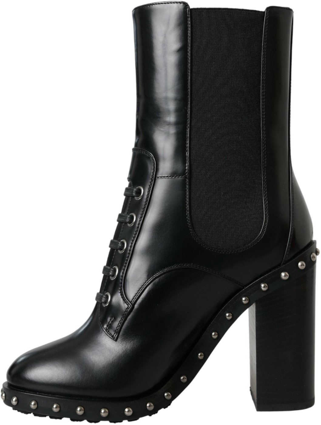 Dolce & Gabbana Black Leather Studded Lace Up Boots Shoes
