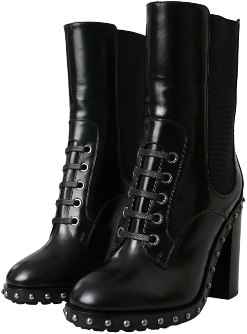 Dolce & Gabbana Black Leather Studded Lace Up Boots Shoes