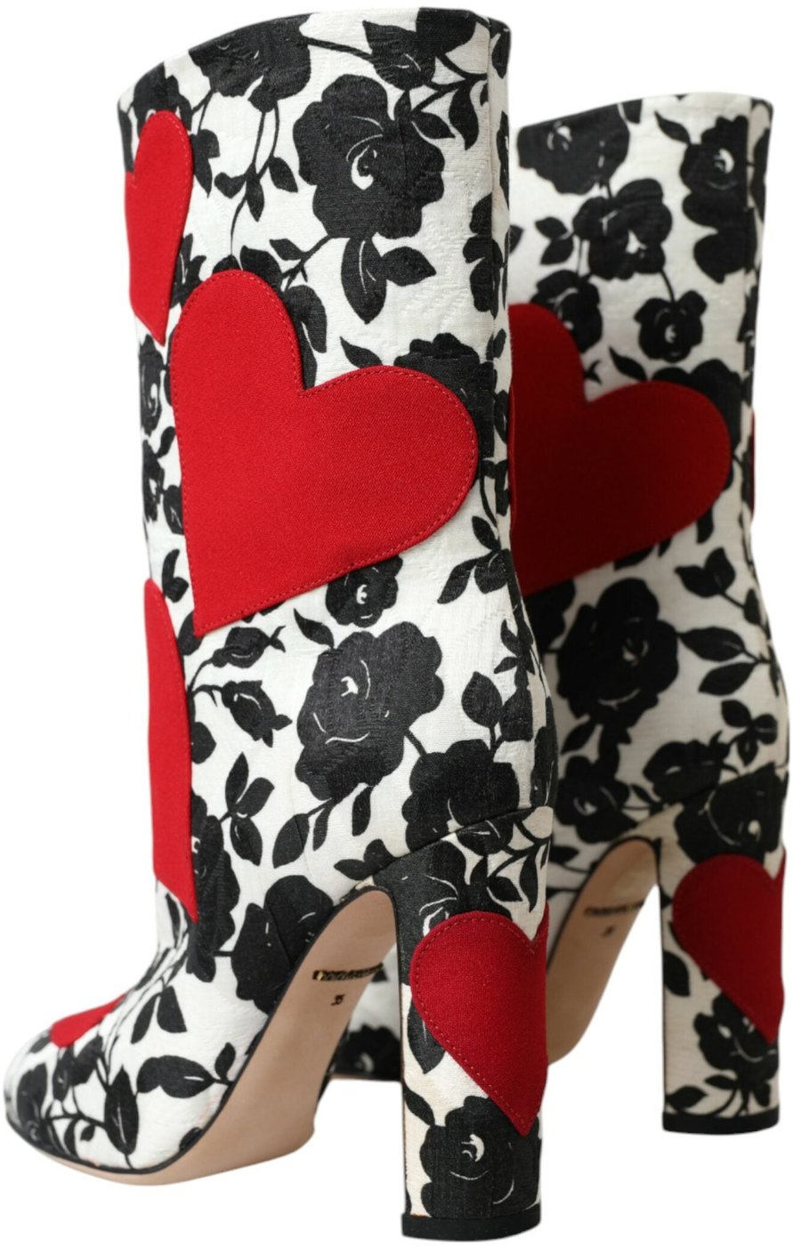 Dolce & Gabbana White Floral Hearts Leather High Boots Shoes