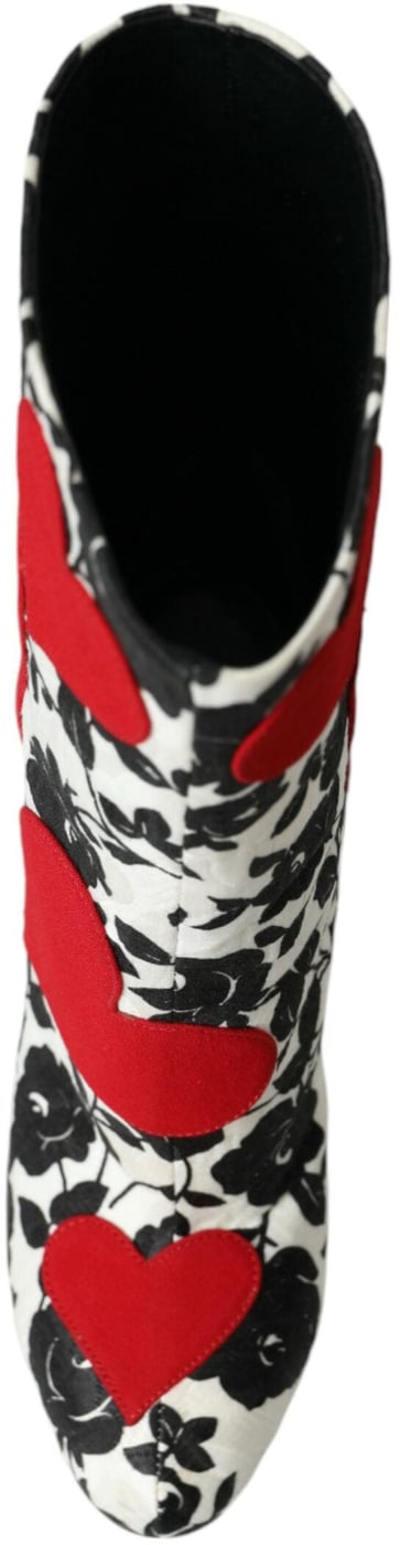 Dolce & Gabbana White Floral Hearts Leather High Boots Shoes