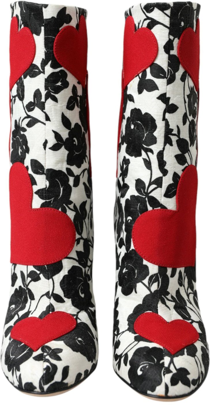 Dolce & Gabbana White Floral Hearts Leather High Boots Shoes