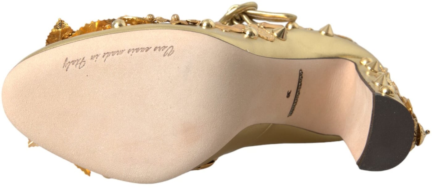 Dolce & Gabbana Gold Leather Crystal Mary Janes Pumps Shoes