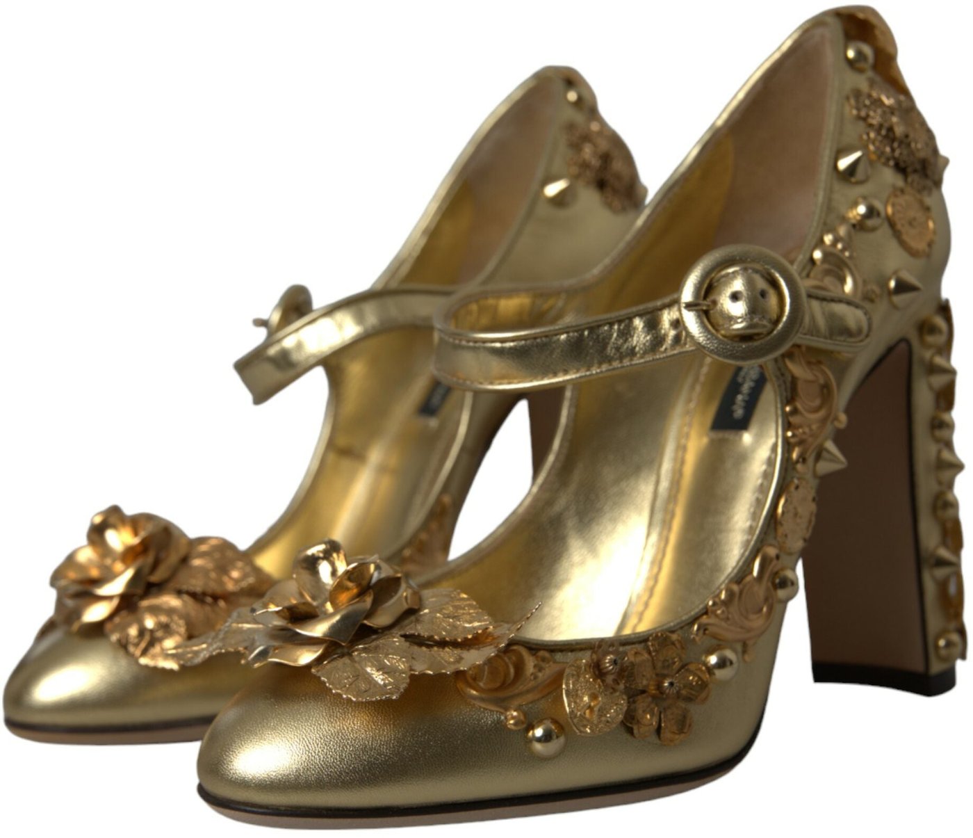 Dolce & Gabbana Gold Leather Crystal Mary Janes Pumps Shoes
