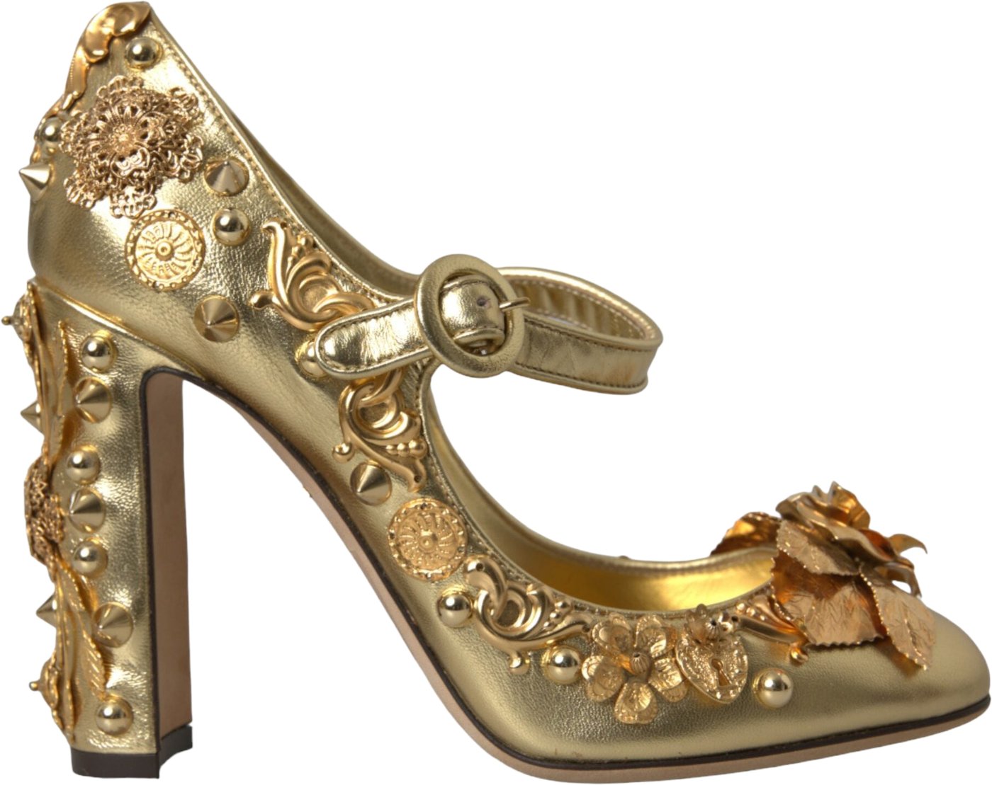 Dolce & Gabbana Gold Leather Crystal Mary Janes Pumps Shoes
