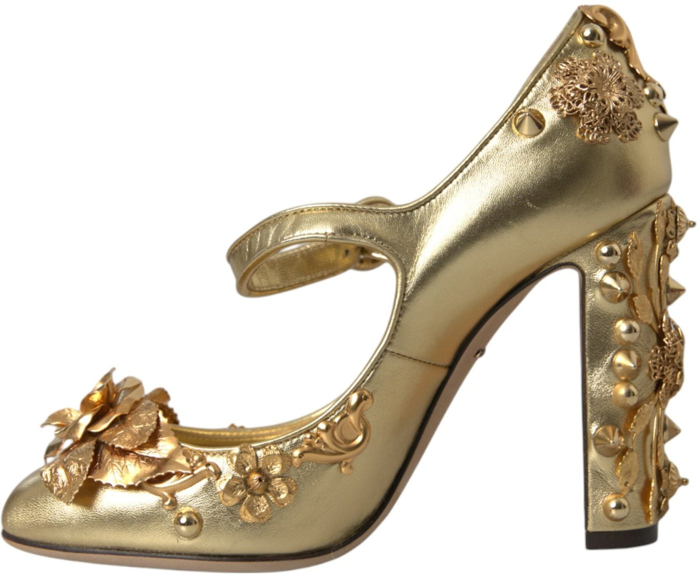 Dolce & Gabbana Gold Leather Crystal Mary Janes Pumps Shoes