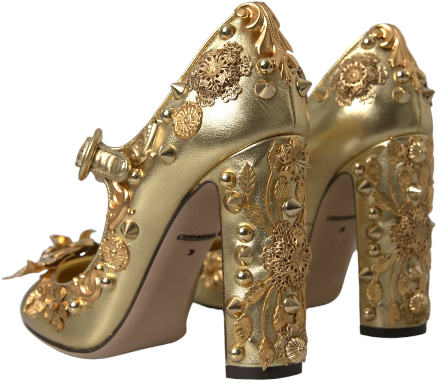 Dolce & Gabbana Gold Leather Crystal Mary Janes Pumps Shoes