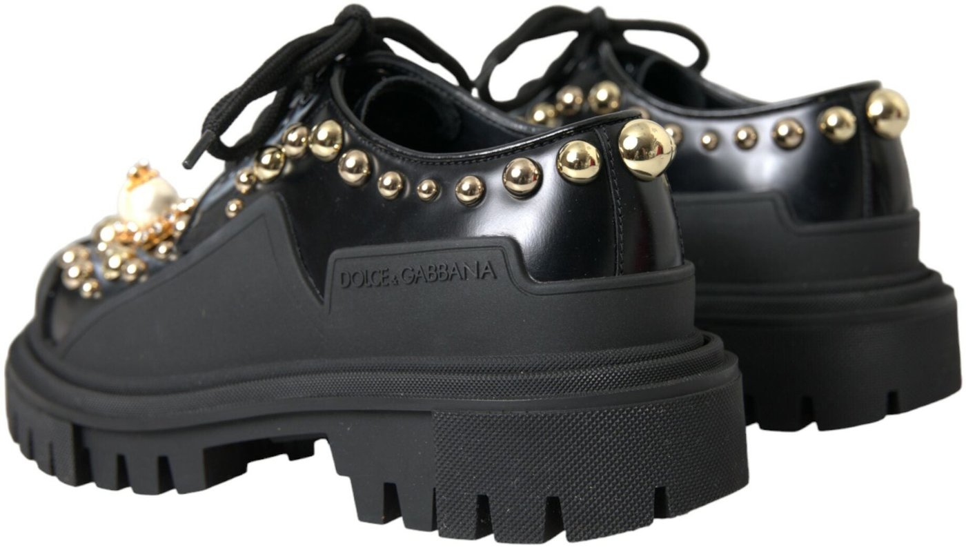 Dolce & Gabbana Black Leather Trekking Derby Embellished Shoes