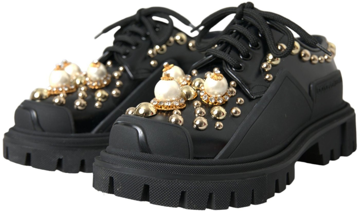 Dolce & Gabbana Black Leather Trekking Derby Embellished Shoes
