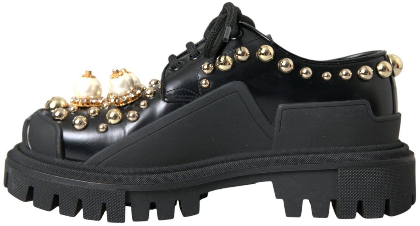 Dolce & Gabbana Black Leather Trekking Derby Embellished Shoes