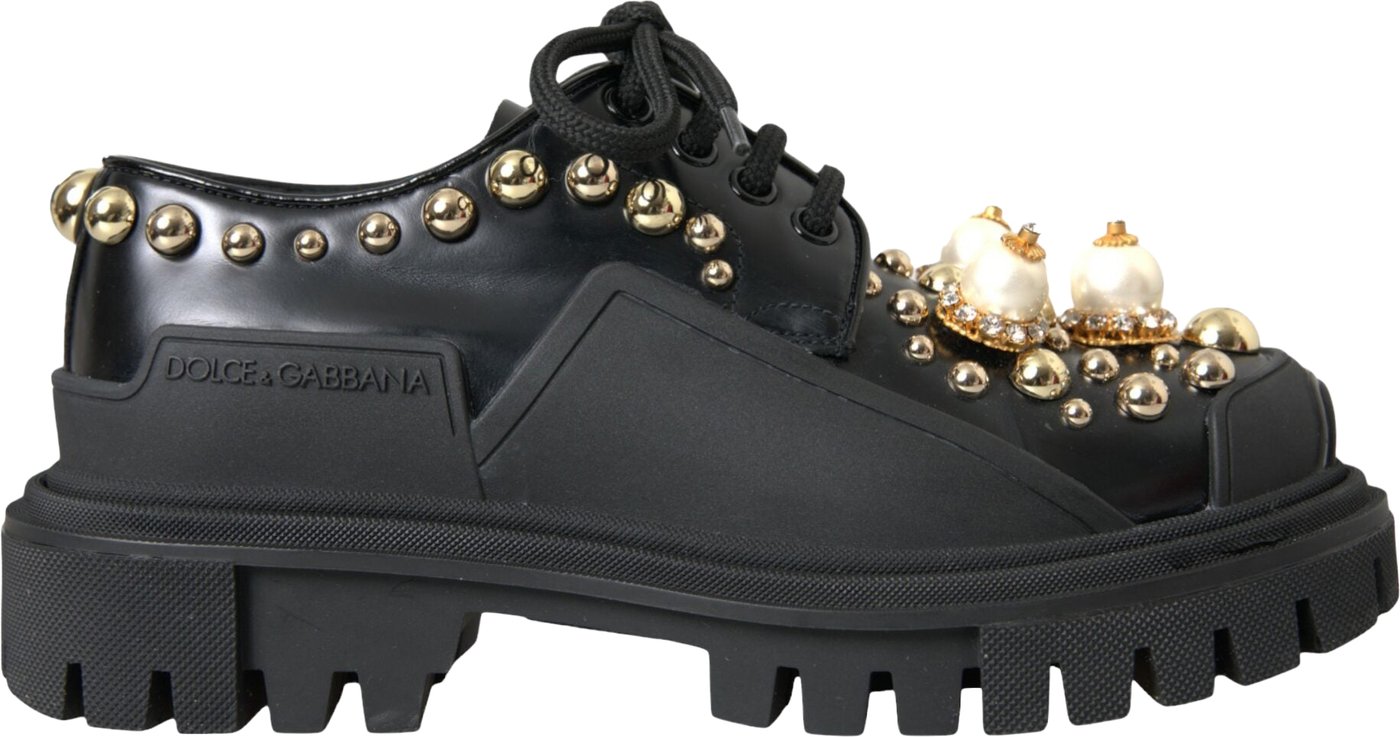 Dolce & Gabbana Black Leather Trekking Derby Embellished Shoes
