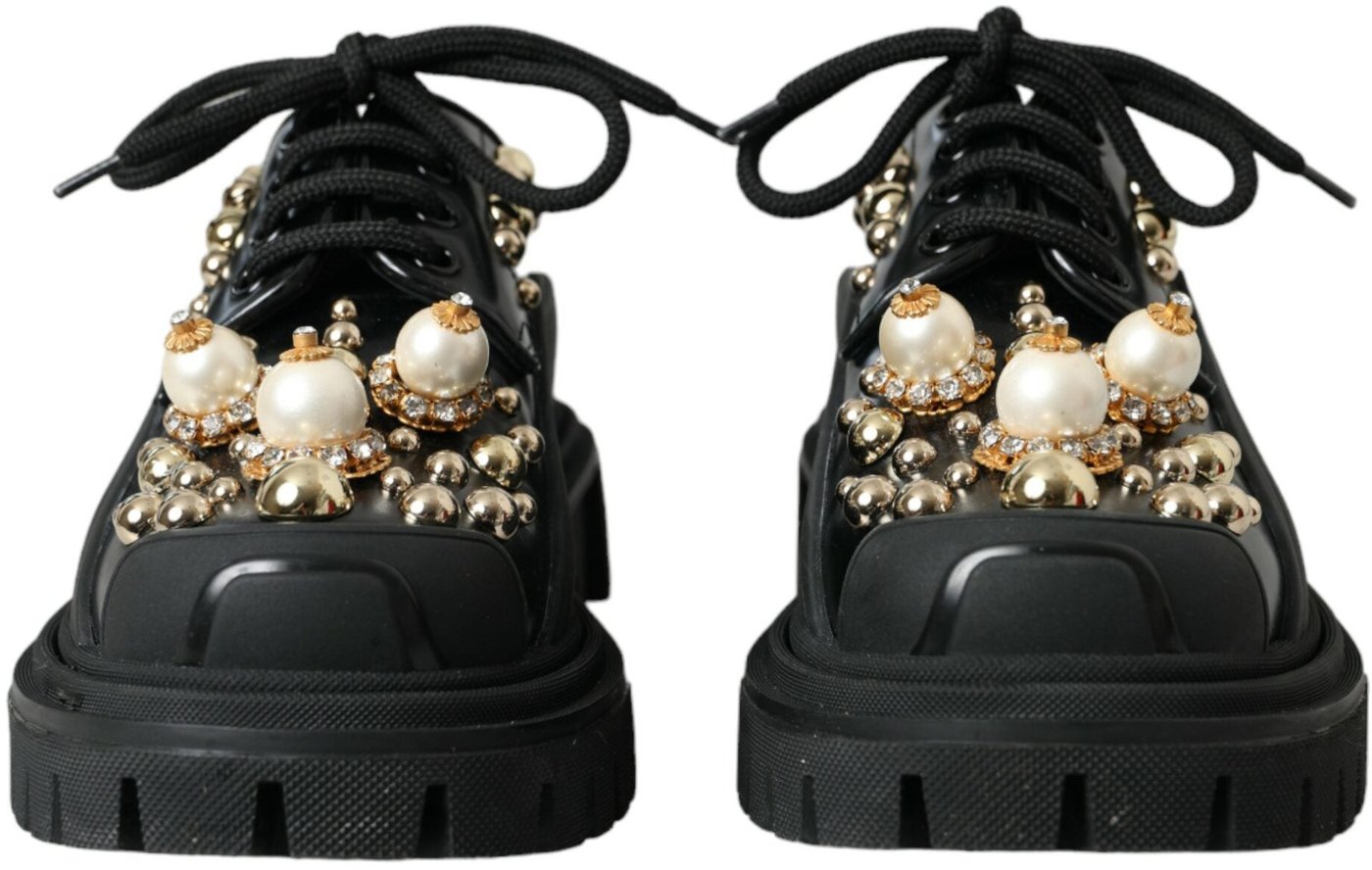 Dolce & Gabbana Black Leather Trekking Derby Embellished Shoes