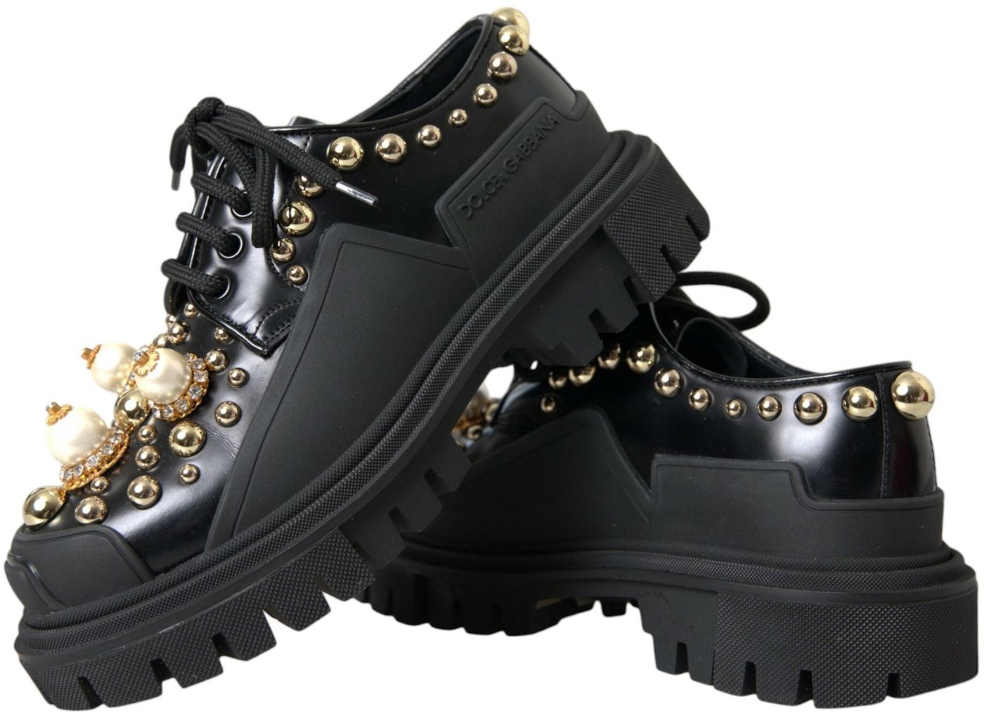 Dolce & Gabbana Black Leather Trekking Derby Embellished Shoes