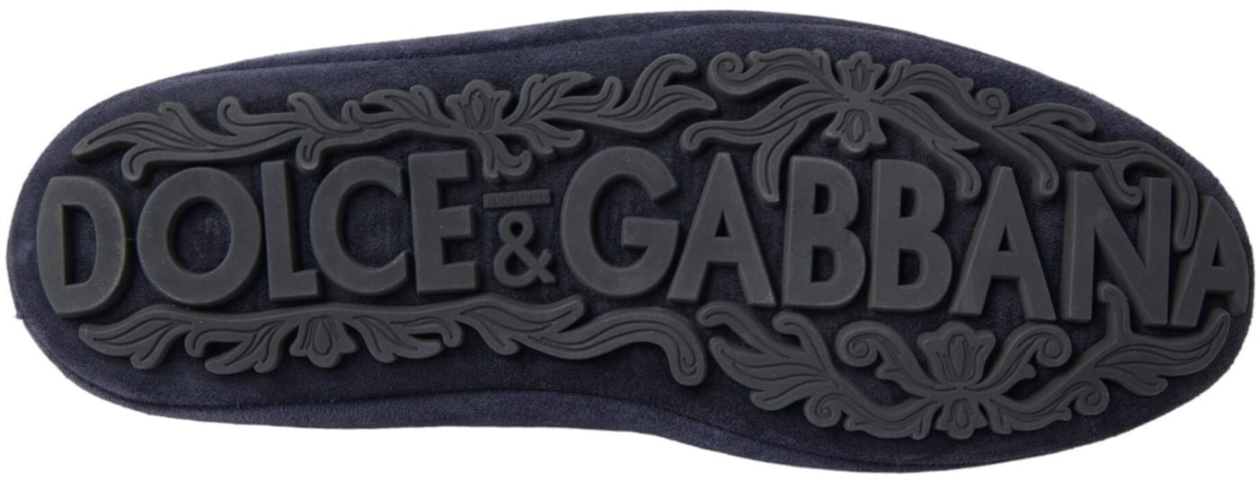 Dolce & Gabbana Blue Leather Suede Crystal Crown Loafers Shoes