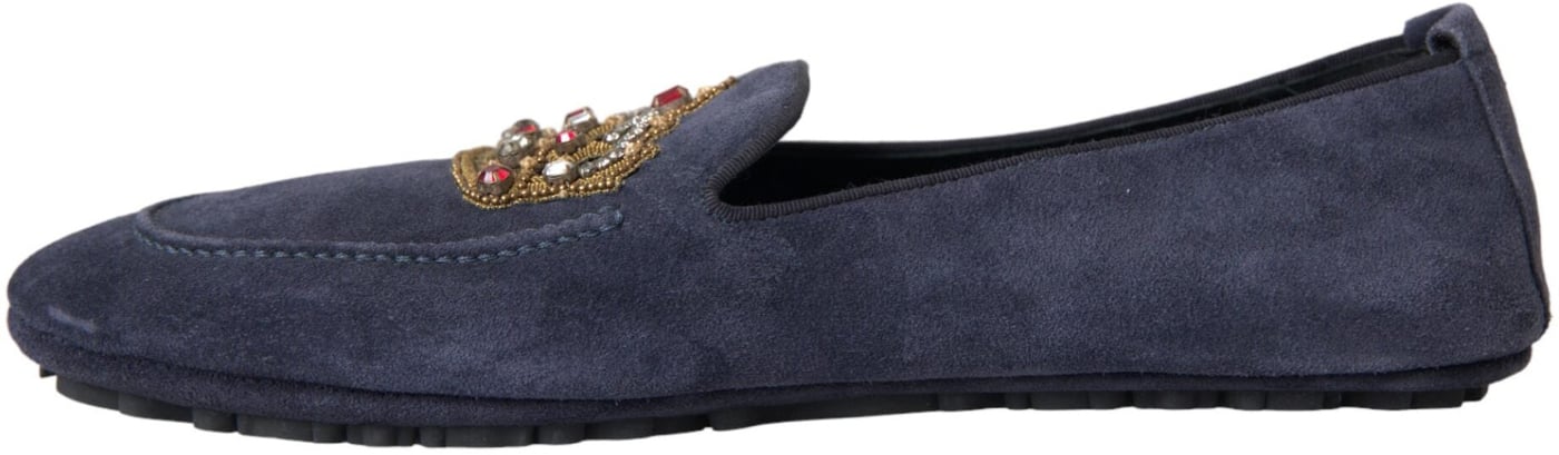 Dolce & Gabbana Blue Leather Suede Crystal Crown Loafers Shoes