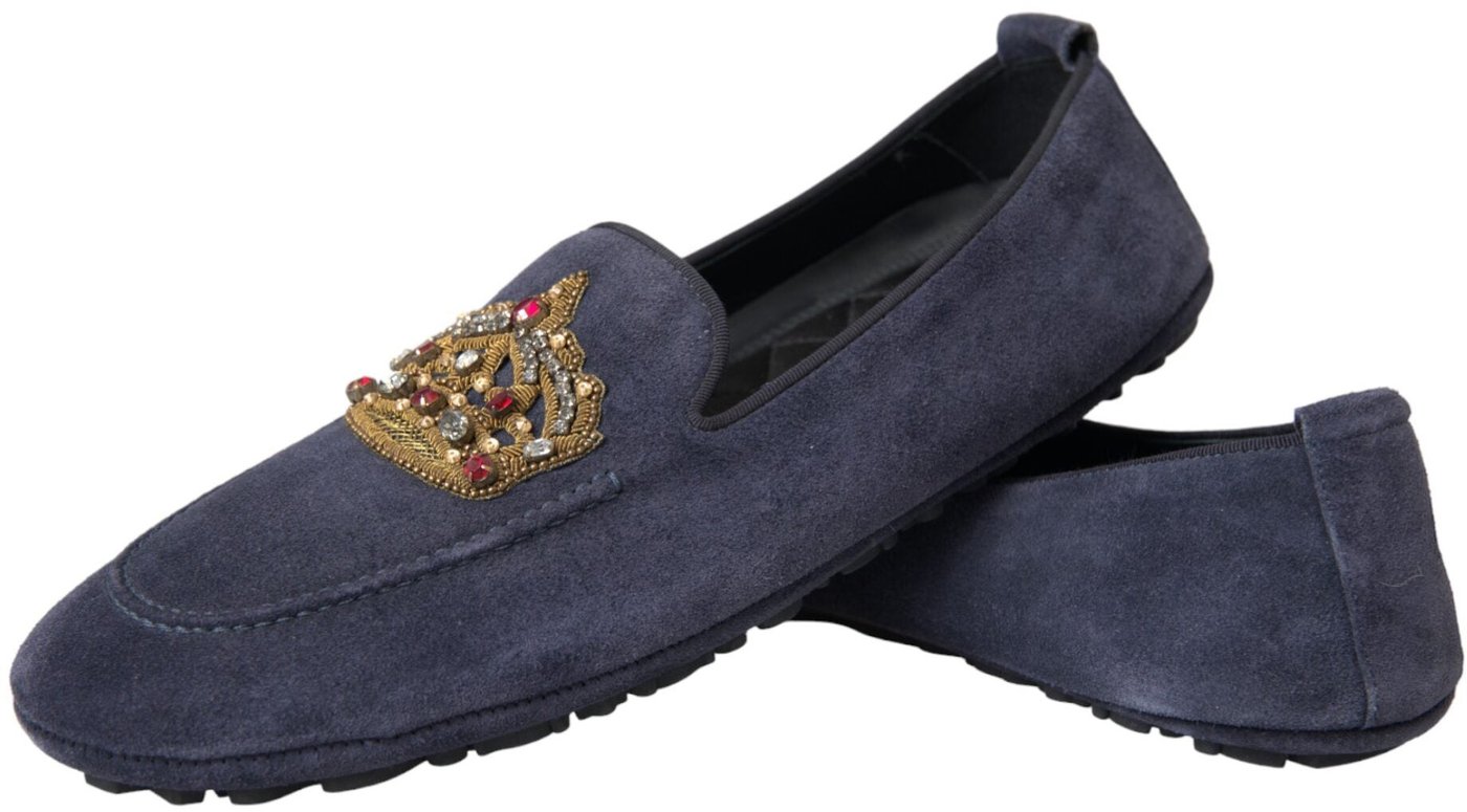 Dolce & Gabbana Blue Leather Suede Crystal Crown Loafers Shoes