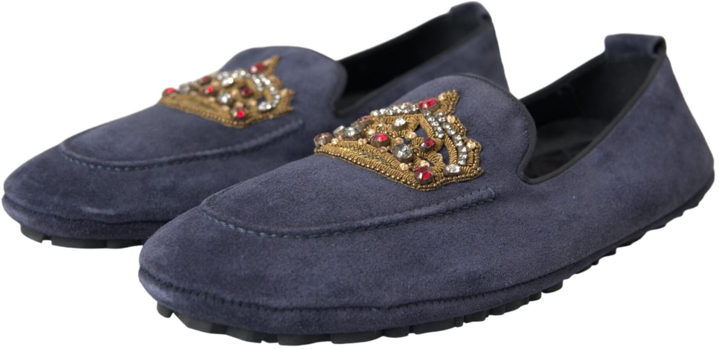 Dolce & Gabbana Blue Leather Suede Crystal Crown Loafers Shoes