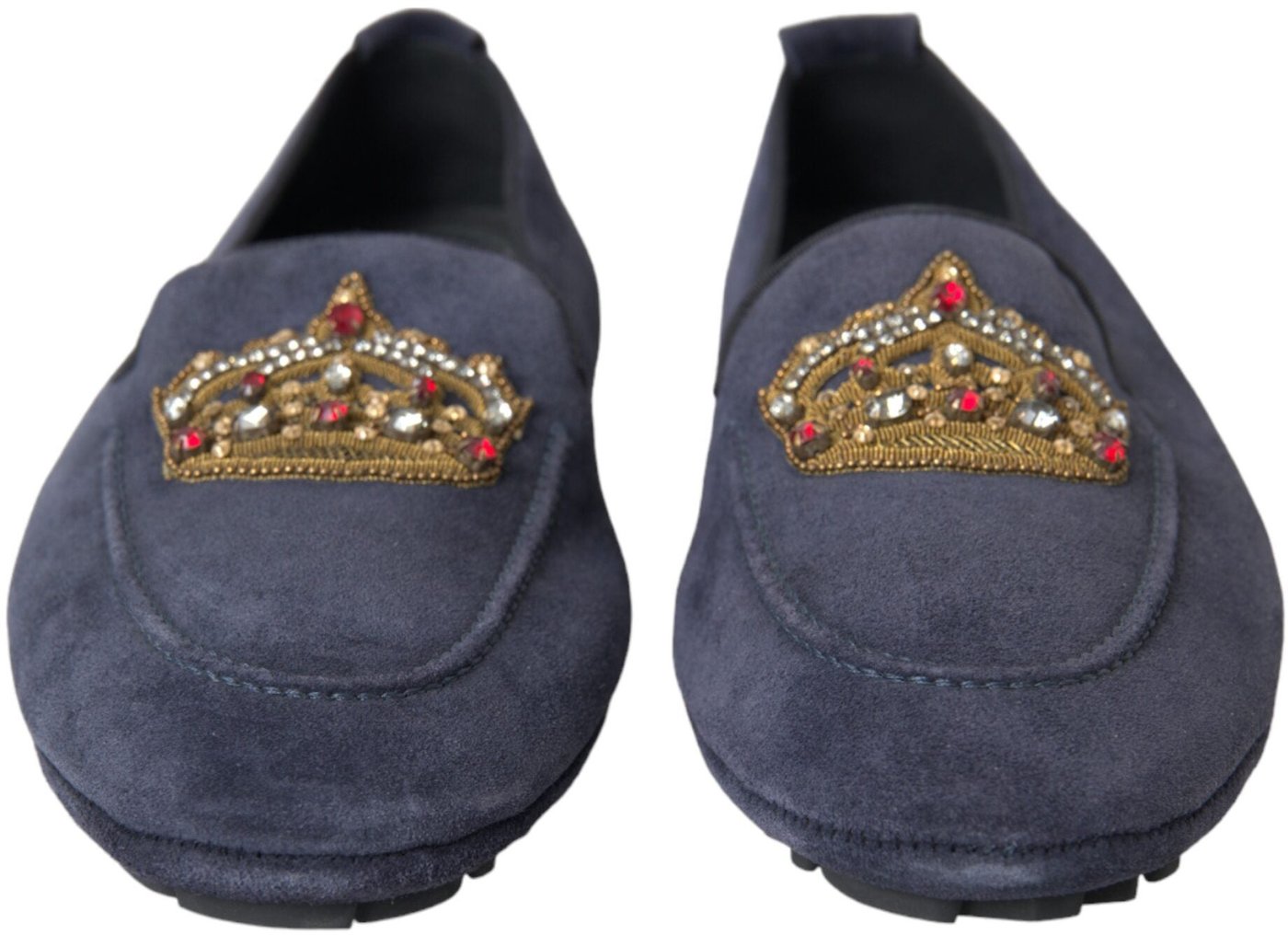 Dolce & Gabbana Blue Leather Suede Crystal Crown Loafers Shoes