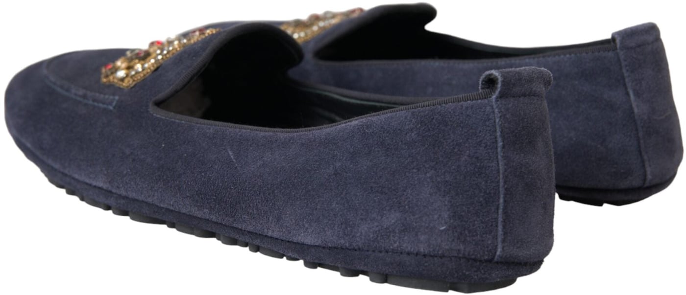 Dolce & Gabbana Blue Leather Suede Crystal Crown Loafers Shoes