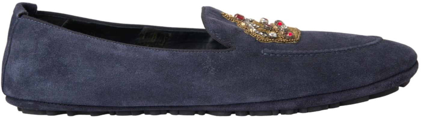 Dolce & Gabbana Blue Leather Suede Crystal Crown Loafers Shoes