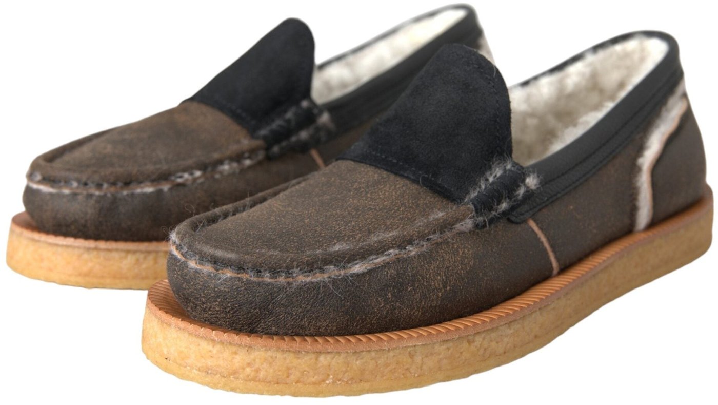 Dolce & Gabbana Brown Black Fur Leather Loafers Men Shoes