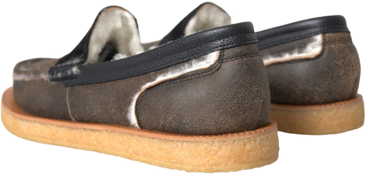 Dolce & Gabbana Brown Black Fur Leather Loafers Men Shoes