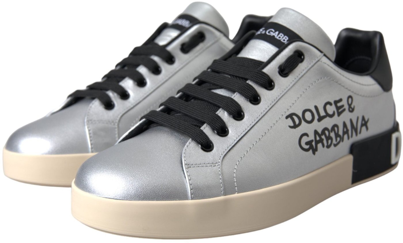 Dolce & Gabbana Silver Portofino Calf Leather Sneakers Men Shoes
