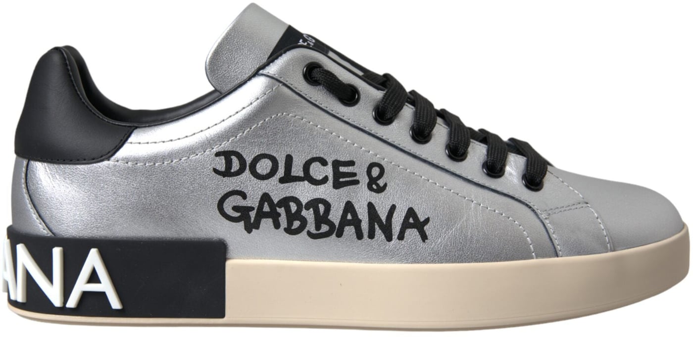 Dolce & Gabbana Silver Portofino Calf Leather Sneakers Men Shoes