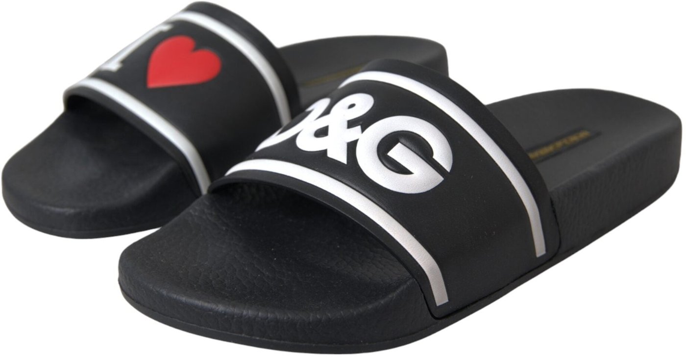 Dolce & Gabbana Black Leather I Love D&G Sandals Slides Shoes
