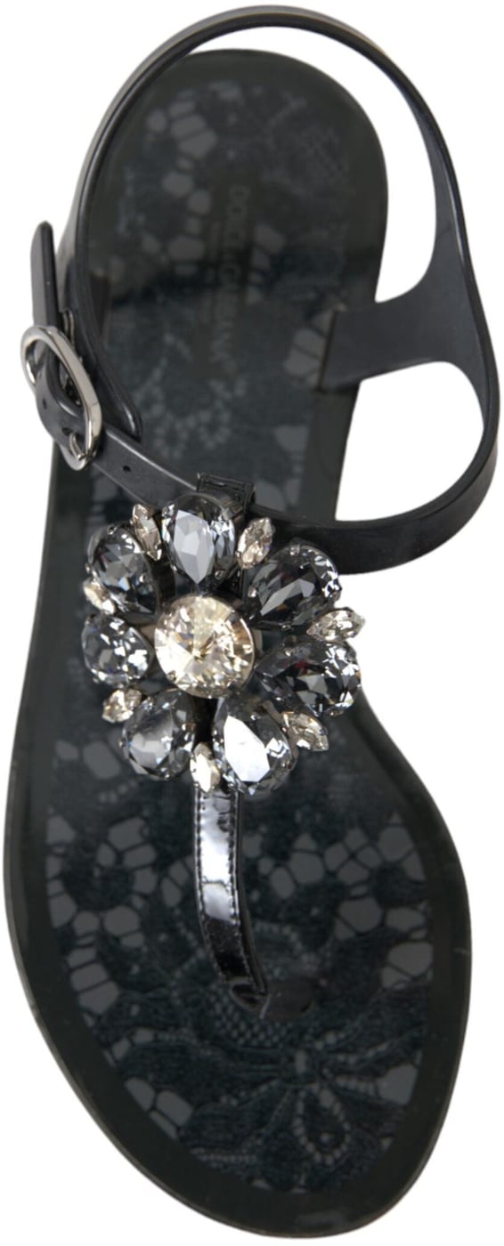 Dolce & Gabbana Black Crystal Flats Sandals Flip Flops Shoes