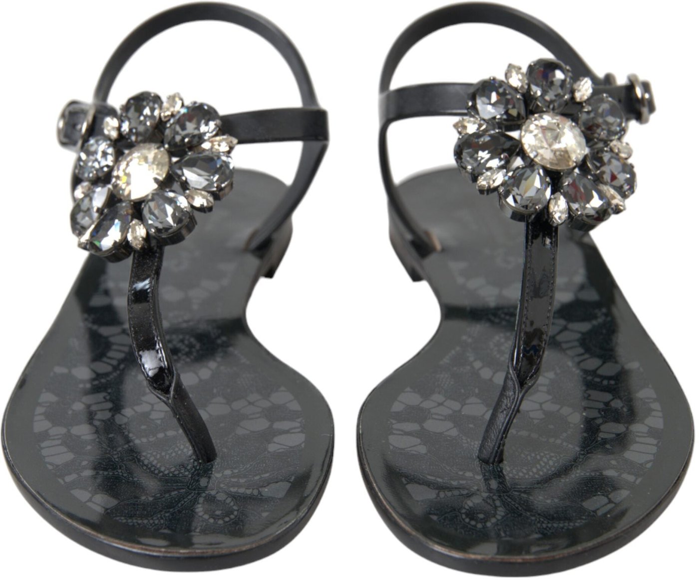 Dolce & Gabbana Black Crystal Flats Sandals Flip Flops Shoes