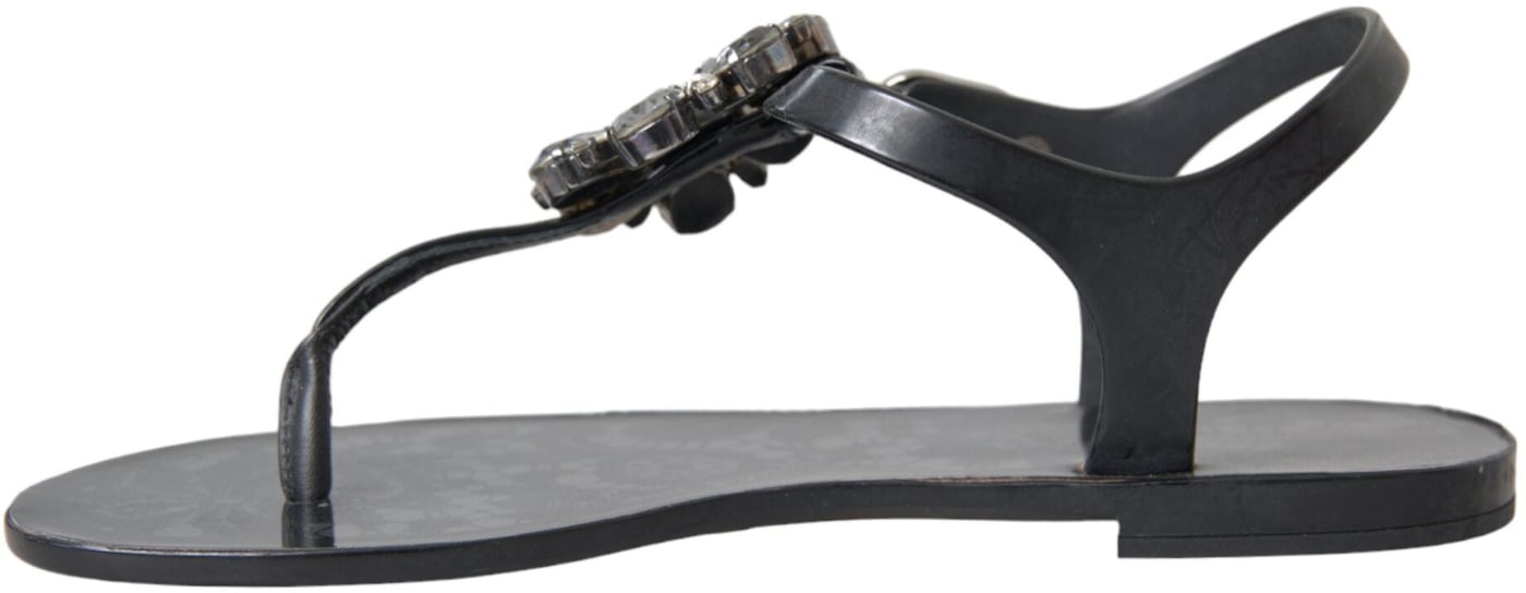 Dolce & Gabbana Black Crystal Flats Sandals Flip Flops Shoes