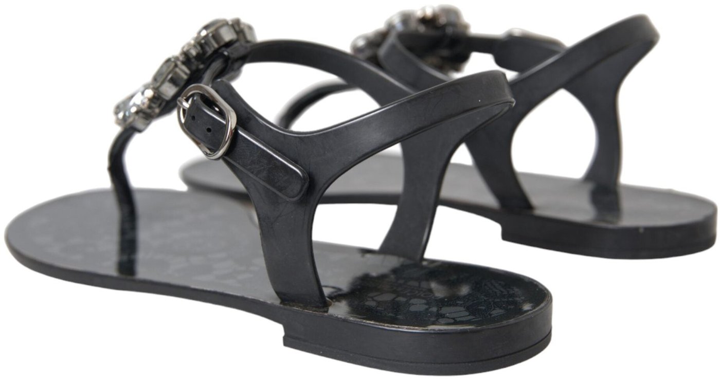 Dolce & Gabbana Black Crystal Flats Sandals Flip Flops Shoes